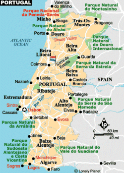 De kaart van Portugal (bron: Lonely Planet)